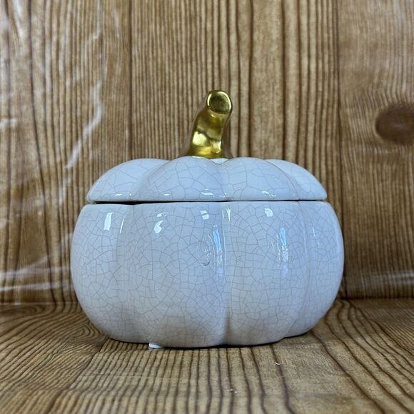 Ceramic Pumpkin Decorative Bowl with Lid White 6” - Picture 2 of 11
